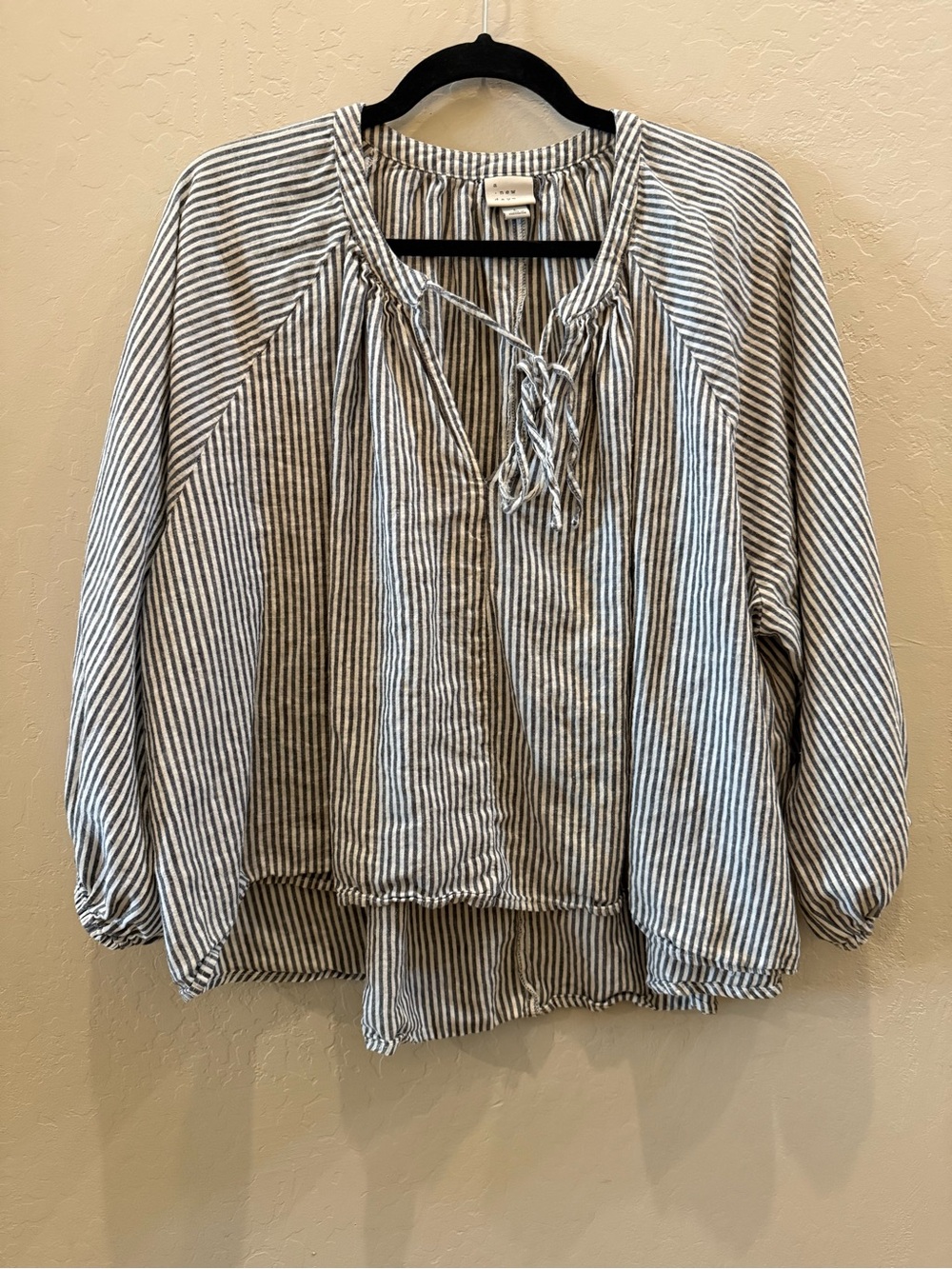 a new day Striped Tie-Neck Peasant Top - Black & White